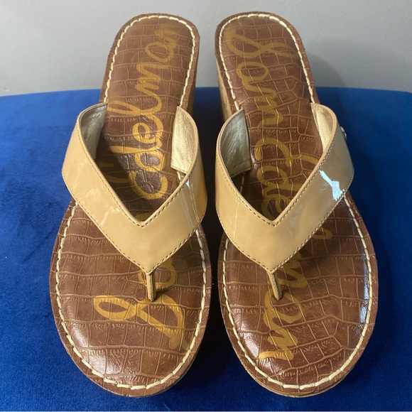 Sam Edelman Romy sandals patent leather tan flip flop wedges. - Picture 7 of 14